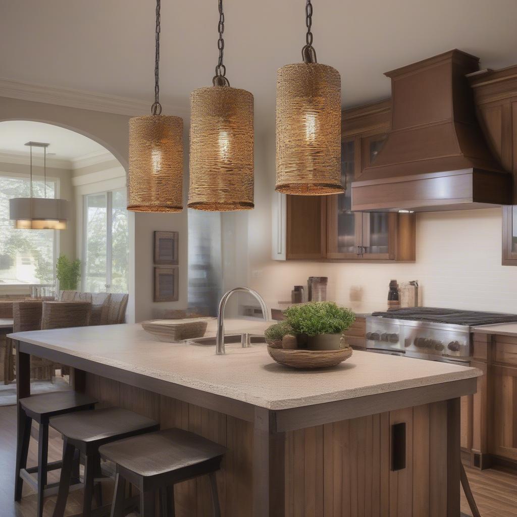 Tan metal basket weave pendant light above a kitchen island