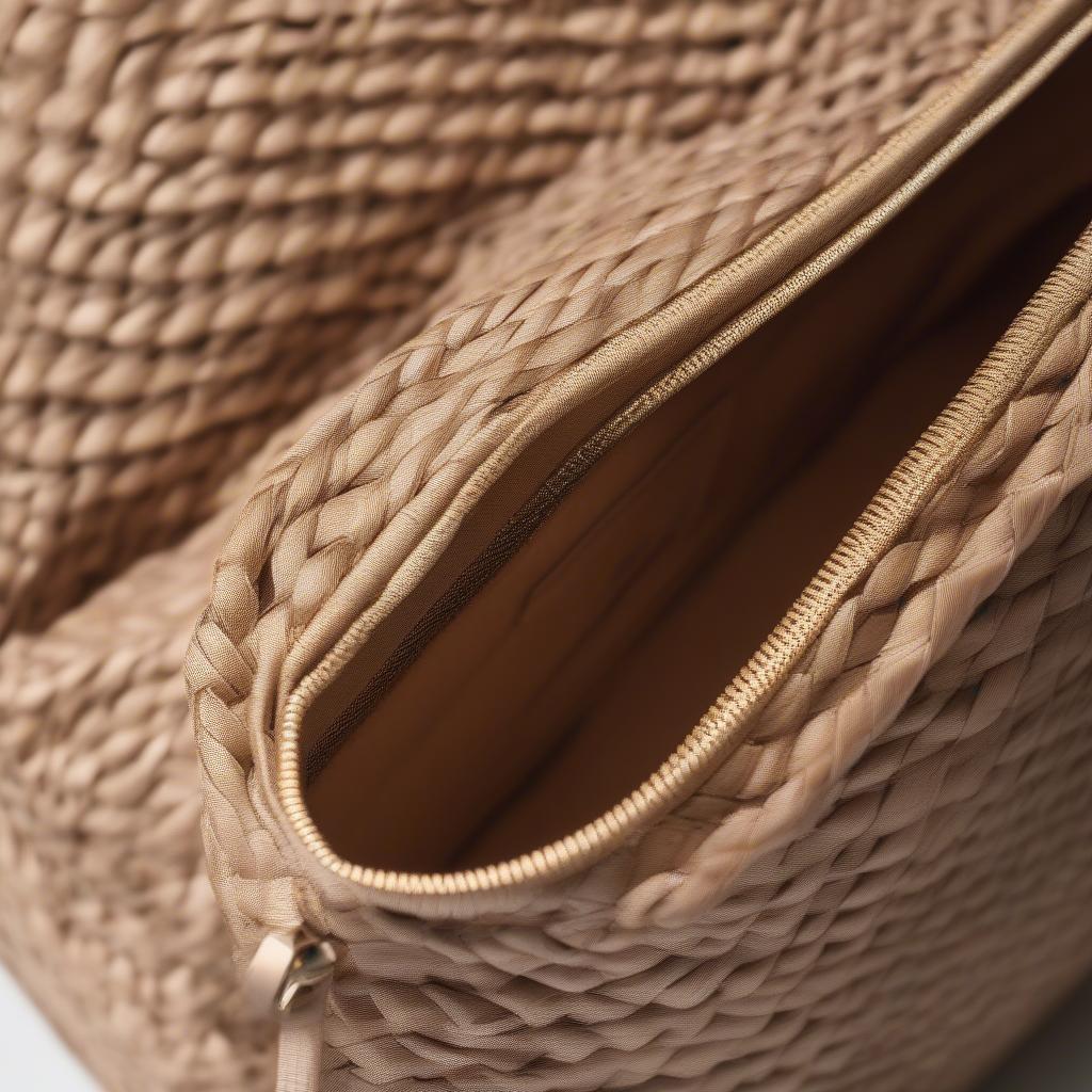 Close-up of a tan weave bag showcasing the intricate details and craftsmanship.