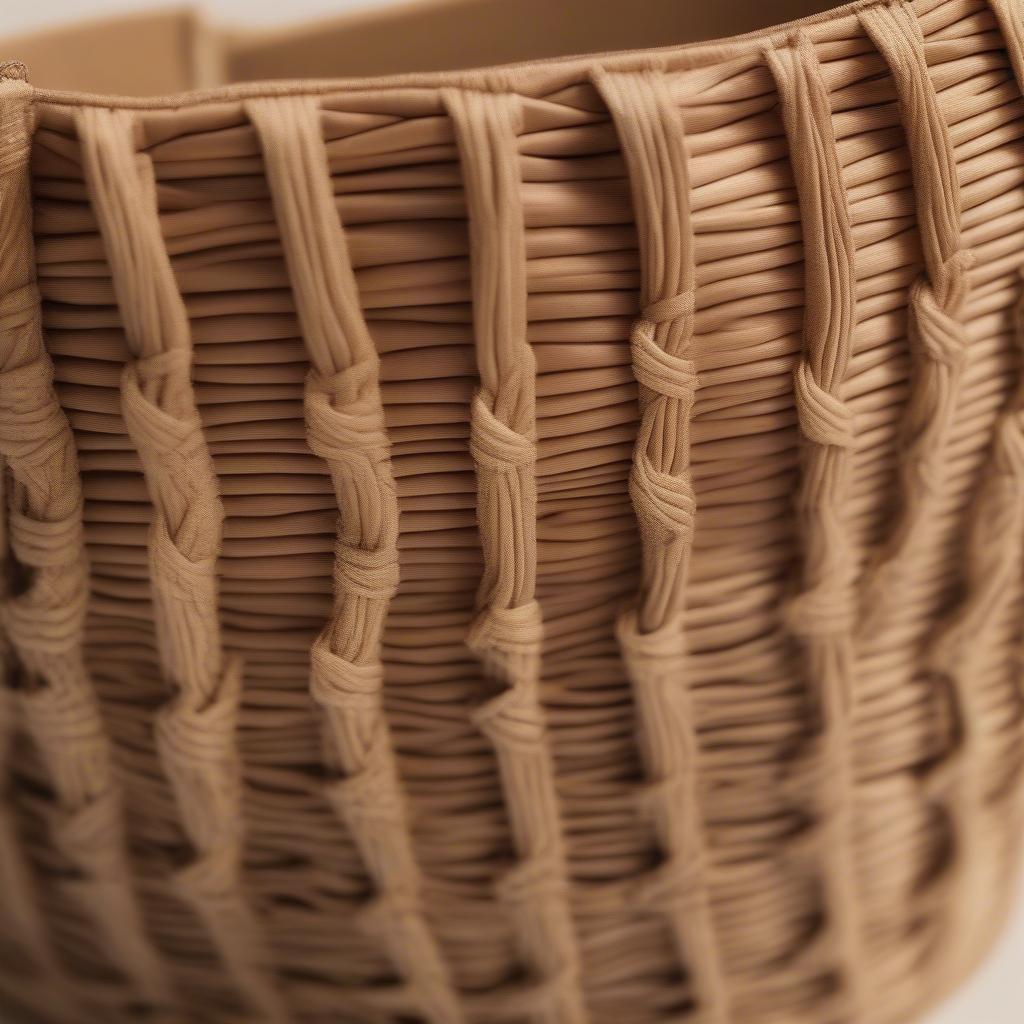 Close-up of a tan woven crossbody bag showcasing its intricate details and natural texture.