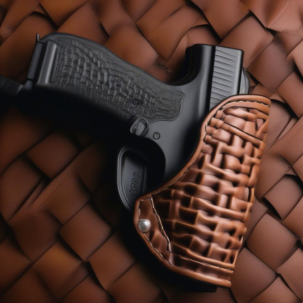 Taser Pulse secured in a brown leather basket weave holster