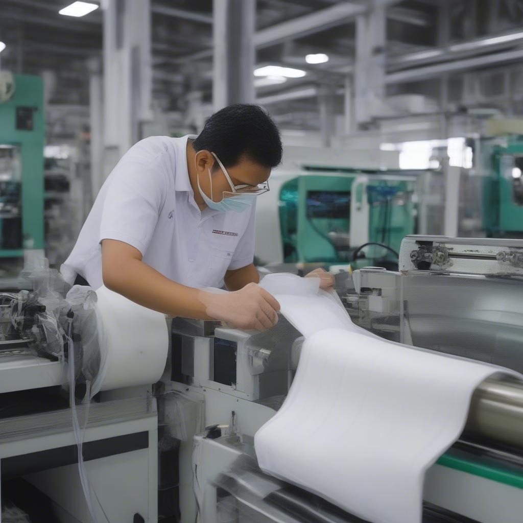 Technician Inspecting a Non-Woven Bag Machine