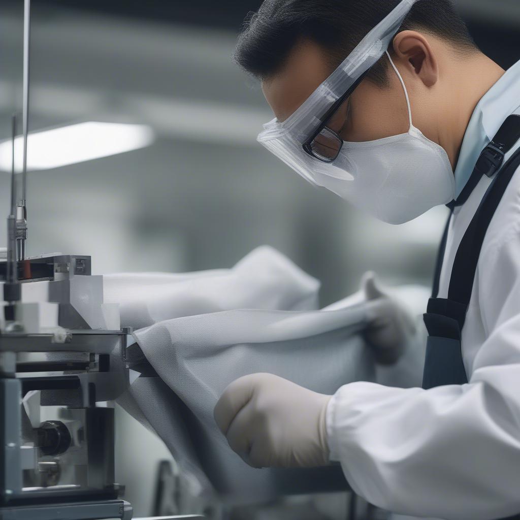 A technician inspects a non-woven bag making machine for quality assurance.