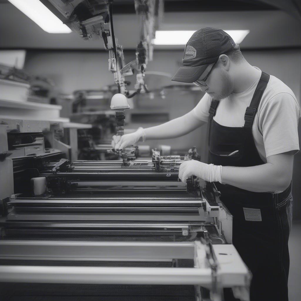 Technician Performing Maintenance on a Screen Printing Machine