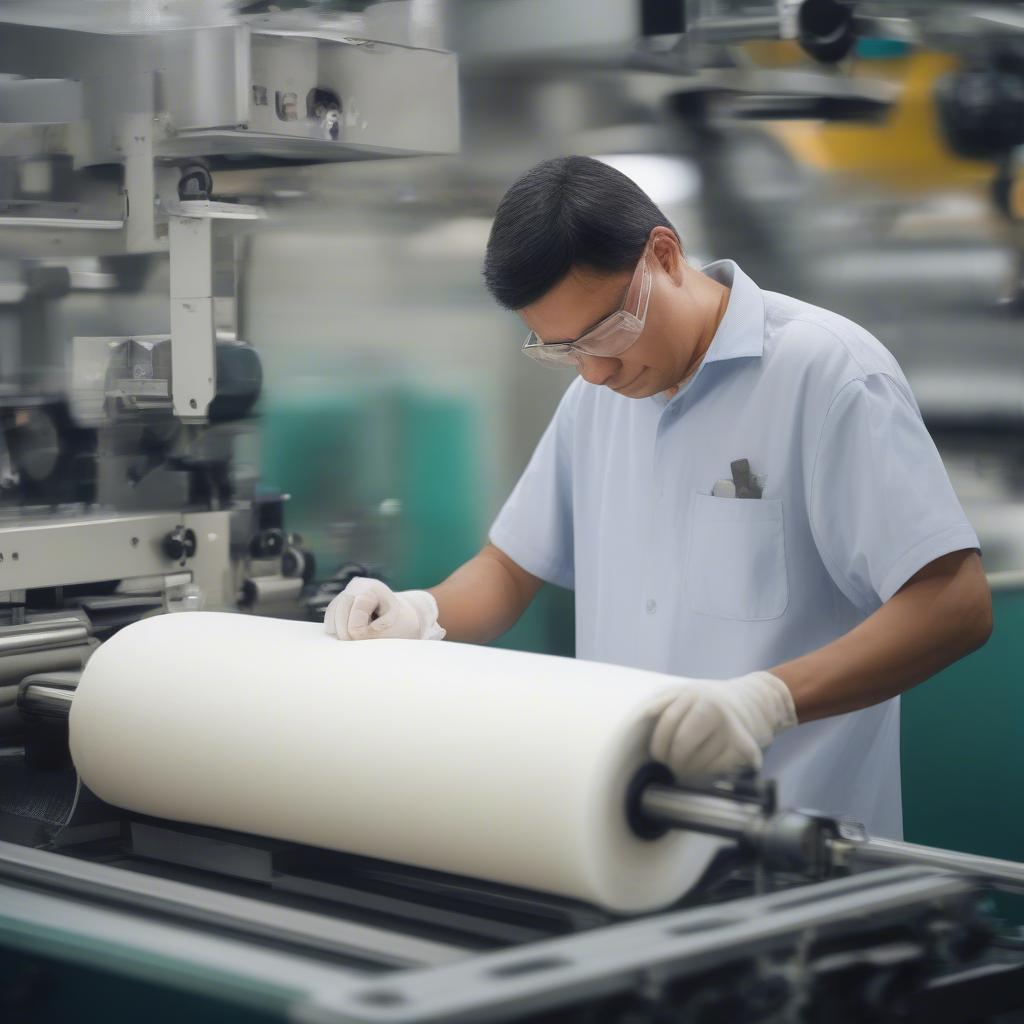 Technician providing maintenance on a non-woven bag making machine