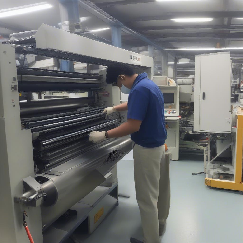 Technician servicing a non-woven bag making machine