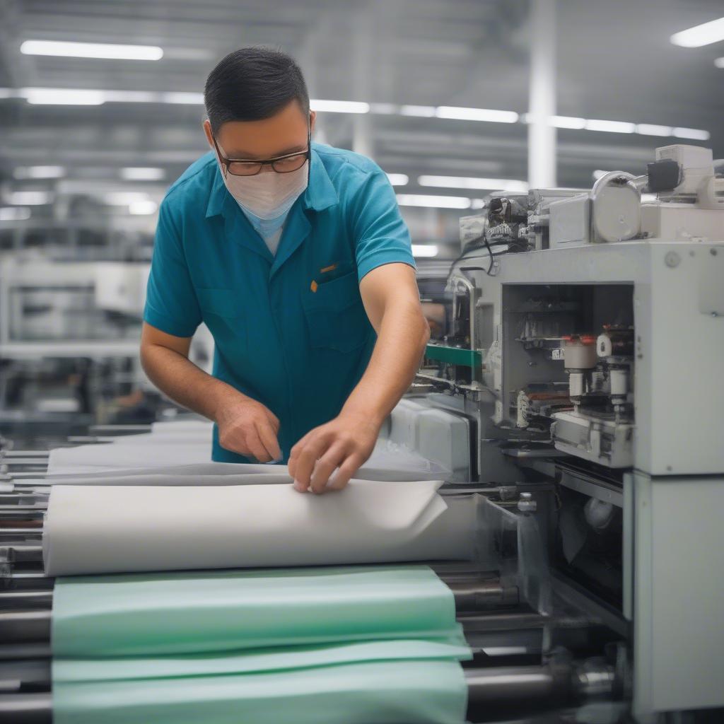 Technician performing maintenance on a non-woven bag making machine