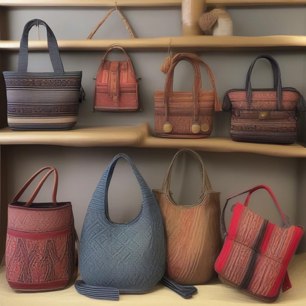 Different styles of Thai woven bags, including shoulder bags, crossbody bags, totes, and clutches.