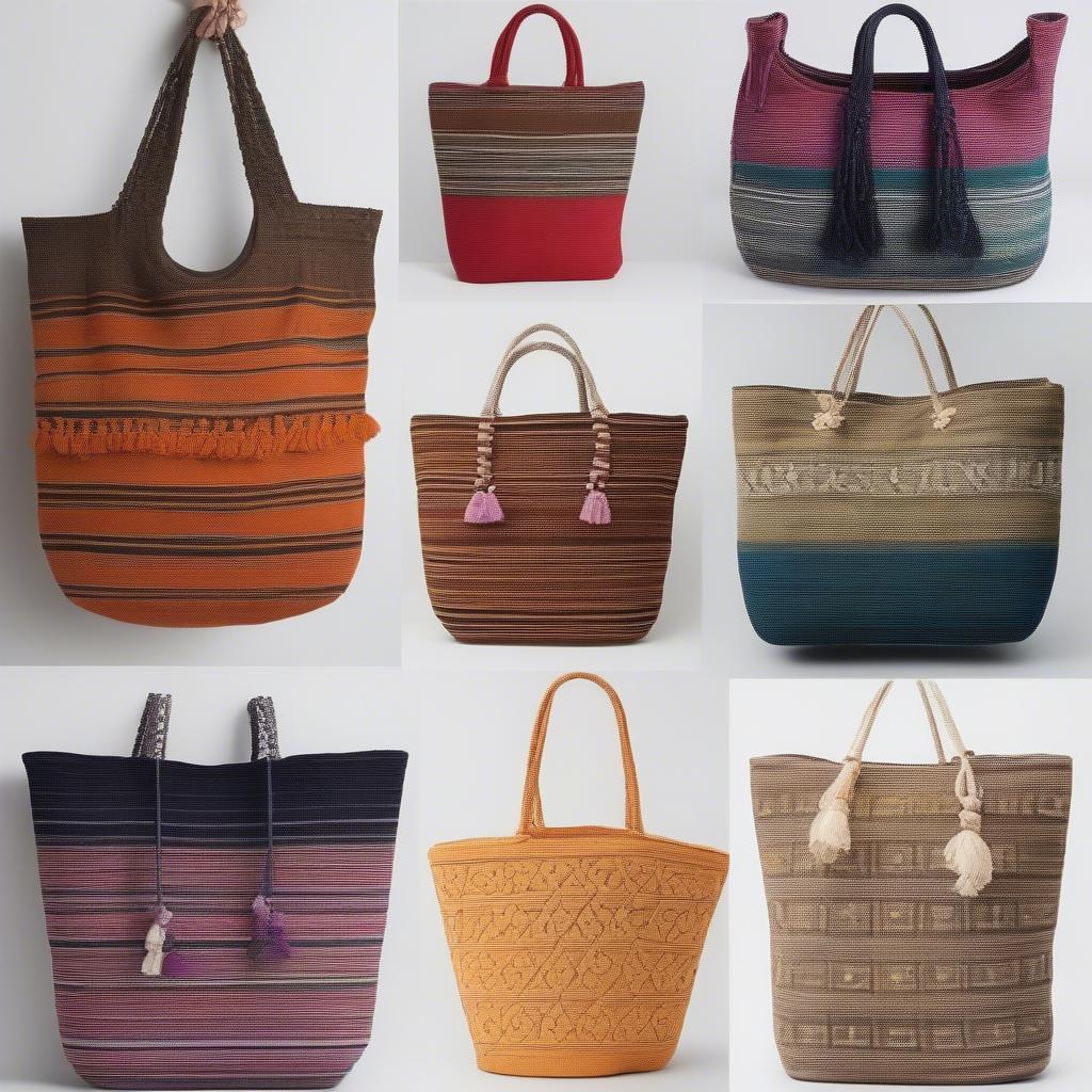 A variety of Thai woven cotton bags showcasing different sizes, colors, and weaving patterns.