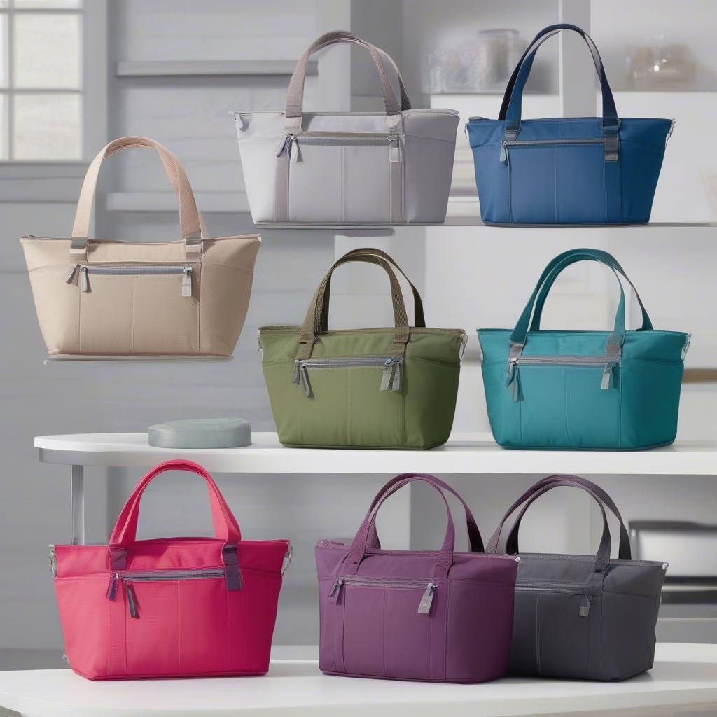 Display of various color options available for the thirty one organizing shoulder bag two tone weave, allowing customers to choose their preferred style