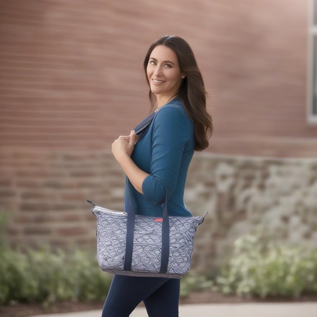 Woman using the thirty one organizing shoulder bag two tone weave in everyday life, showcasing its practicality and style