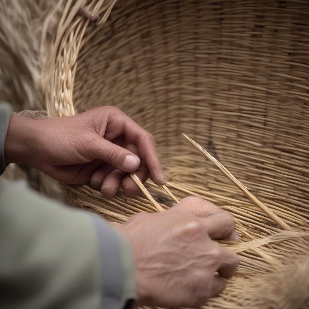 Building Basket Walls with Three Reeds: The process of weaving the basket walls, demonstrating how the reeds are angled to create the desired shape.