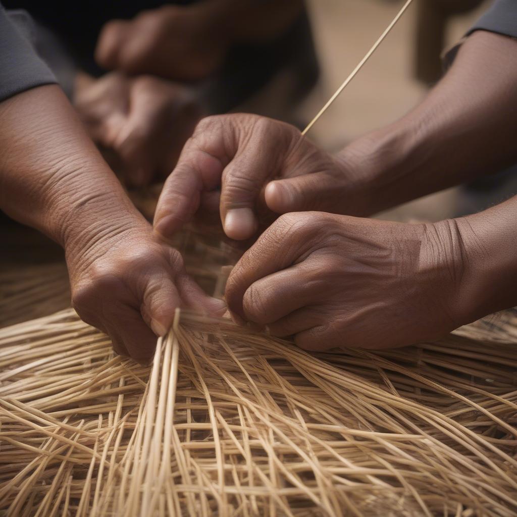 Three Reed Basket Weaving Basics: A close-up of hands demonstrating the initial steps of three-reed weaving, showing how the reeds are interlaced.