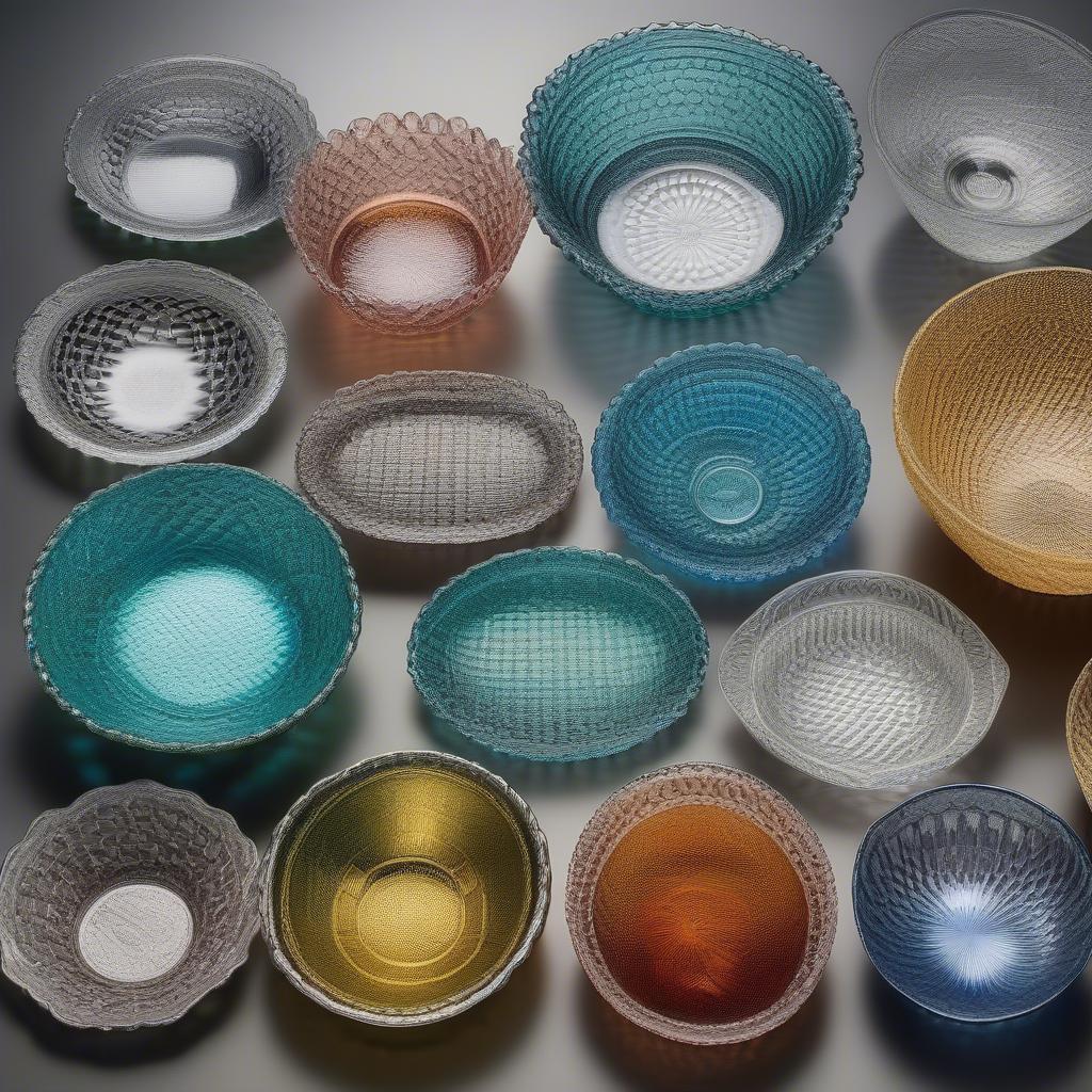 Various Tiffany basket weave bowls in different shapes, sizes, and colors, showcasing the diversity of the design.