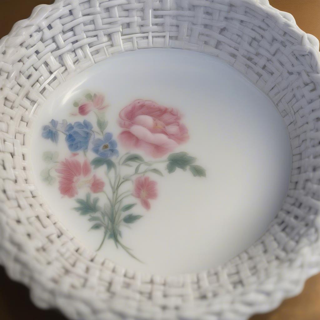 Tiffany and Company white pottery basket weave plate with floral motif