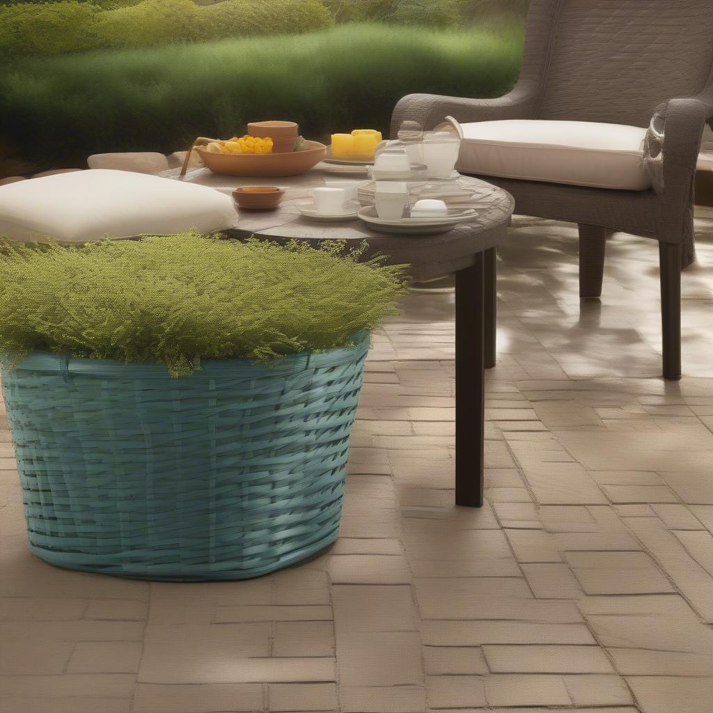 Tiffin colored basket placed in a natural, outdoor setting