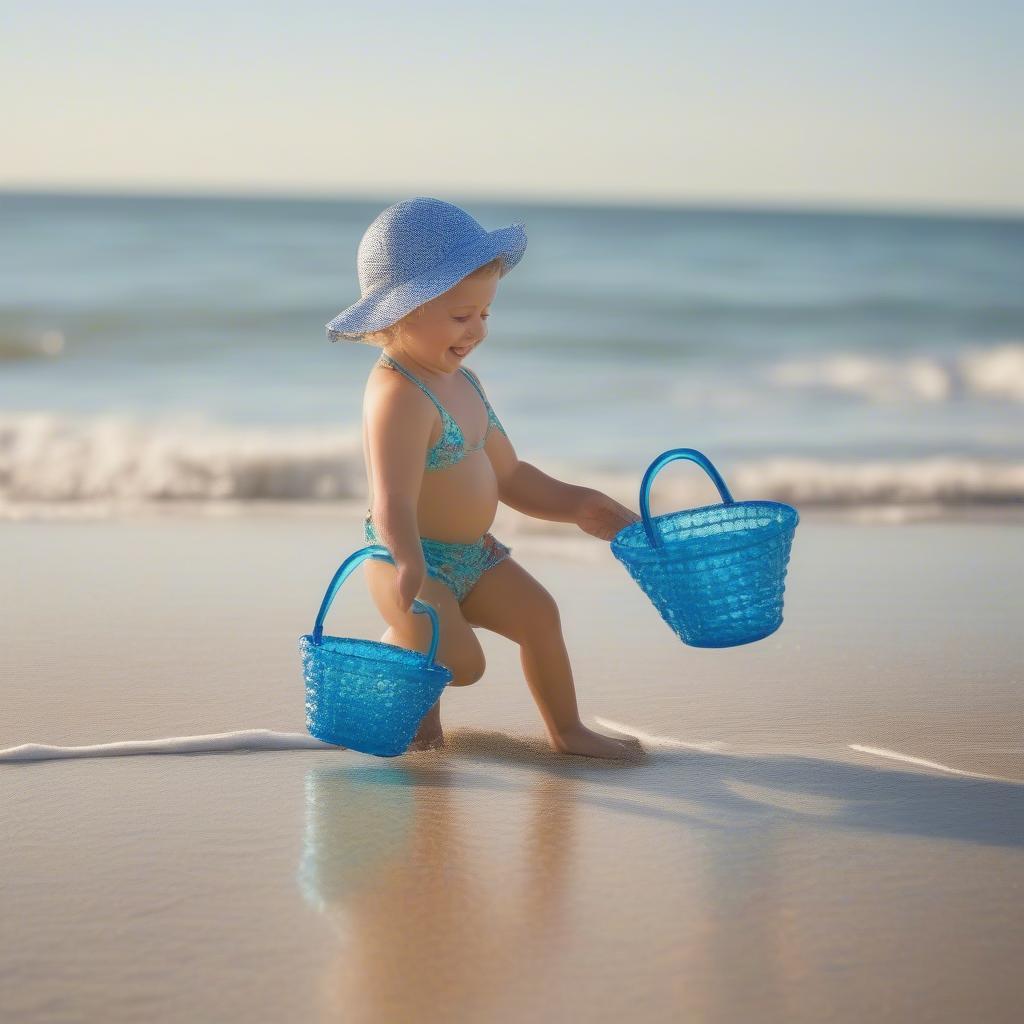 Toddler Wearing Glitter Jelly Basket Weave Sandals at the Beach