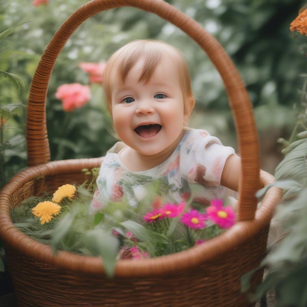 A toddler playing peek-a-boo from inside a wicker basket in a garden setting, surrounded by flowers and plants.