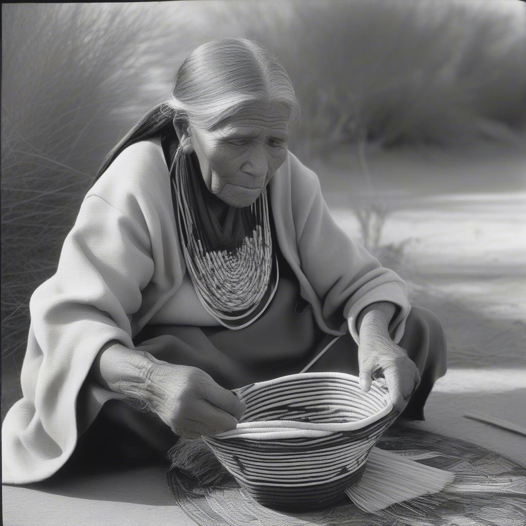 Tohono O'odham Basket Weaver Creating Intricate Design