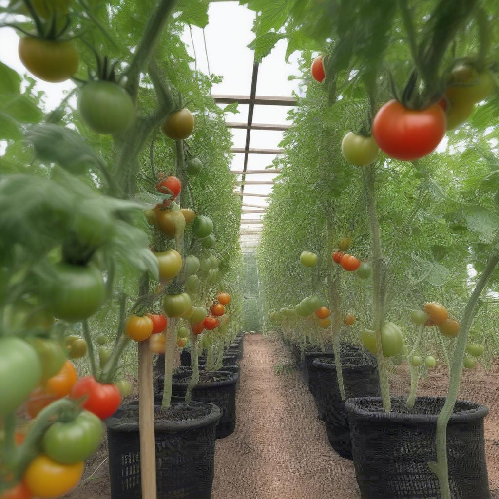 Tomato plant thriving with basket weave support