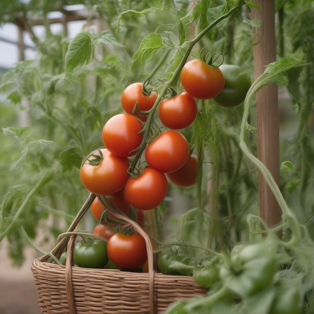 Tomato Plant Supported by Woven Basket