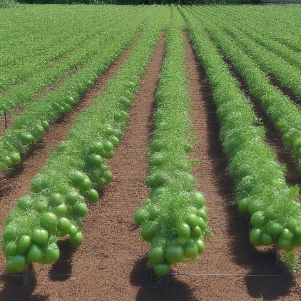 Healthy tomato plants thriving with the help of a basket weave support system.