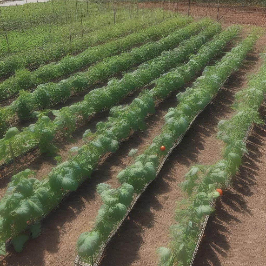 Tomato plants thriving with the basket weave method, showcasing healthy growth and abundant fruit.