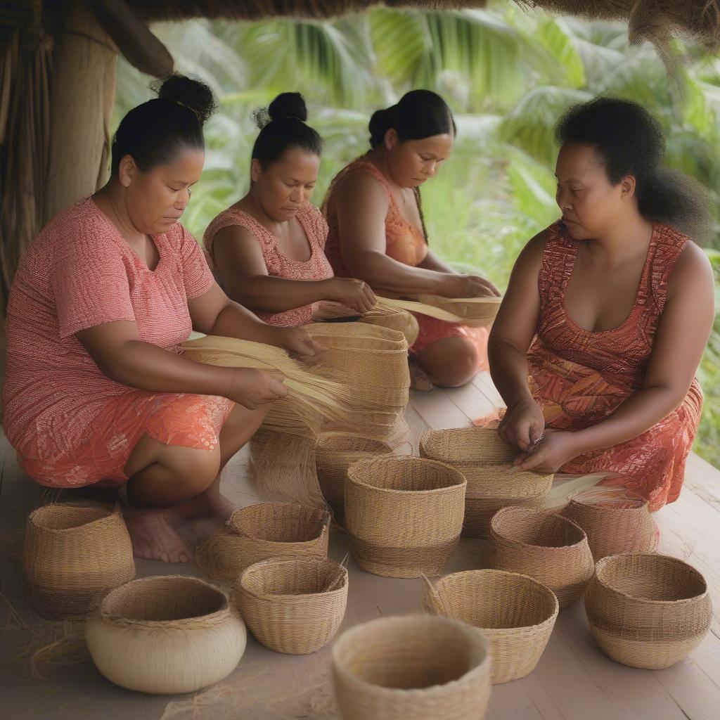 Tonga women weaving Ts Wanda baskets using traditional techniques