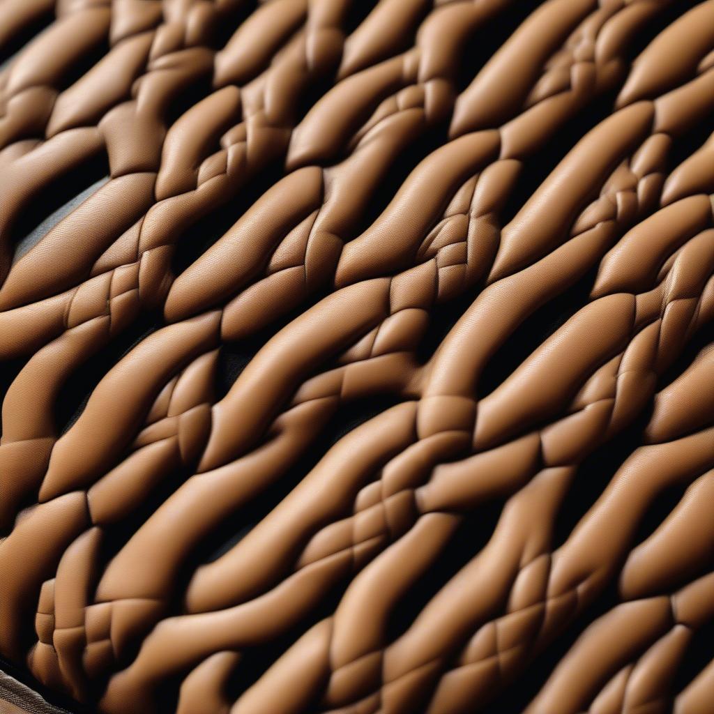 Close-up view of the intricate basket weave pattern on a pair of Tory Burch clogs