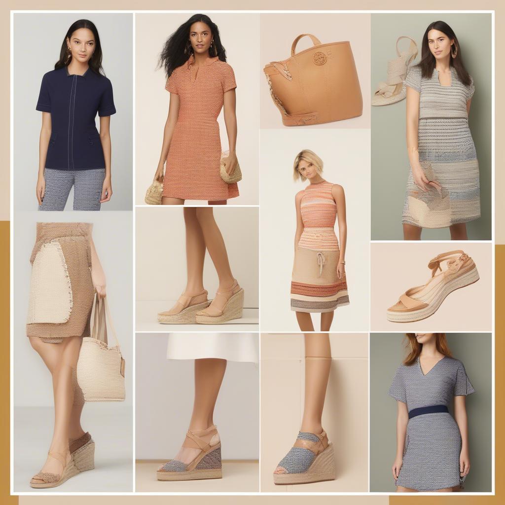 Different outfit ideas showcasing how to style the Tory Burch Basket Weave Espadrille Wedge with various clothing items, including dresses, shorts, and jeans.