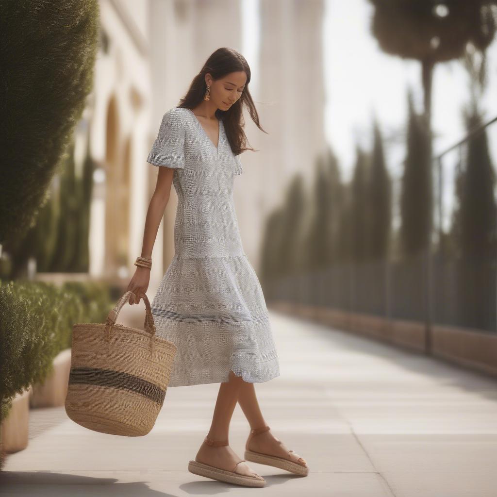 Tory Burch Basket Weave Espadrilles paired with a flowing summer dress