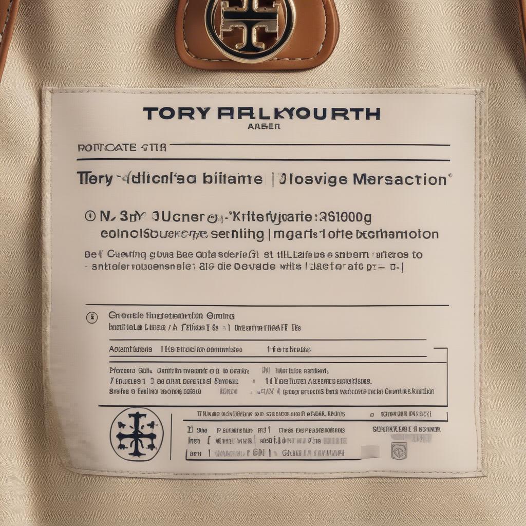 Close up of a care label on a Tory Burch bag with cleaning instructions.