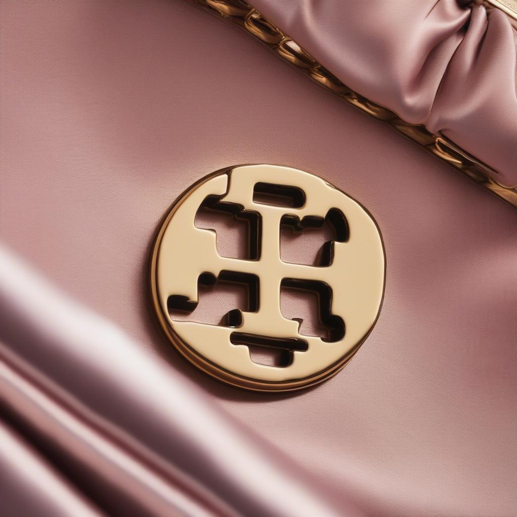 Close-up view of the Tory Burch Kira Mini Woven Satin Shoulder Bag showcasing the woven satin texture and double T logo.