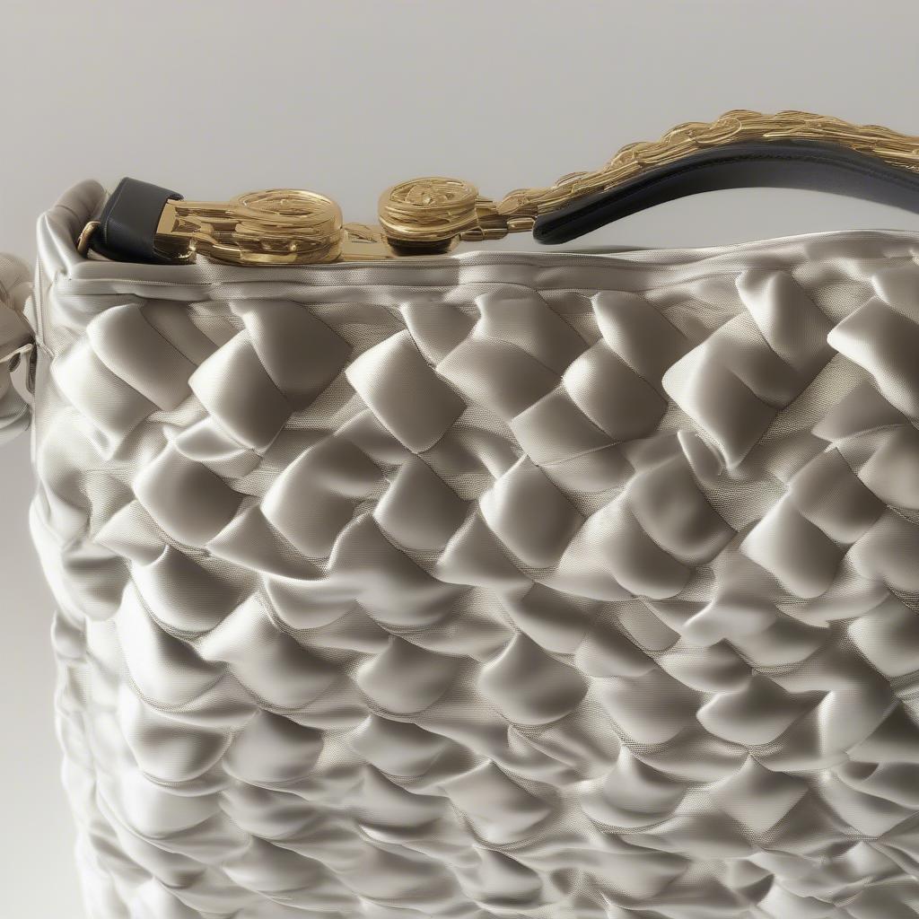 Close-up view of the Tory Burch Kira small woven satin shoulder bag's intricate weave