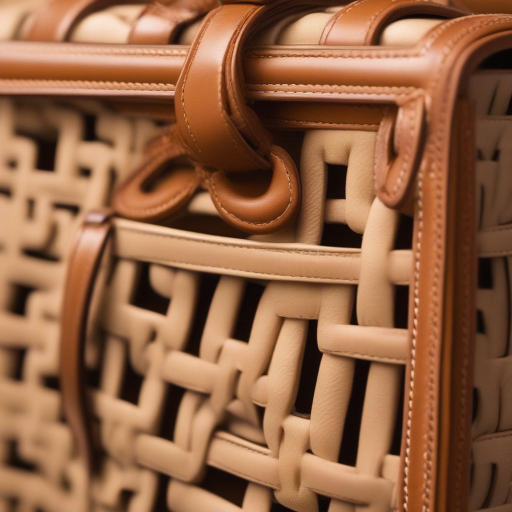 Close-up view of the Tory Burch Miller Basket Weave Bag, showcasing the intricate basket weave pattern and the high-quality leather.