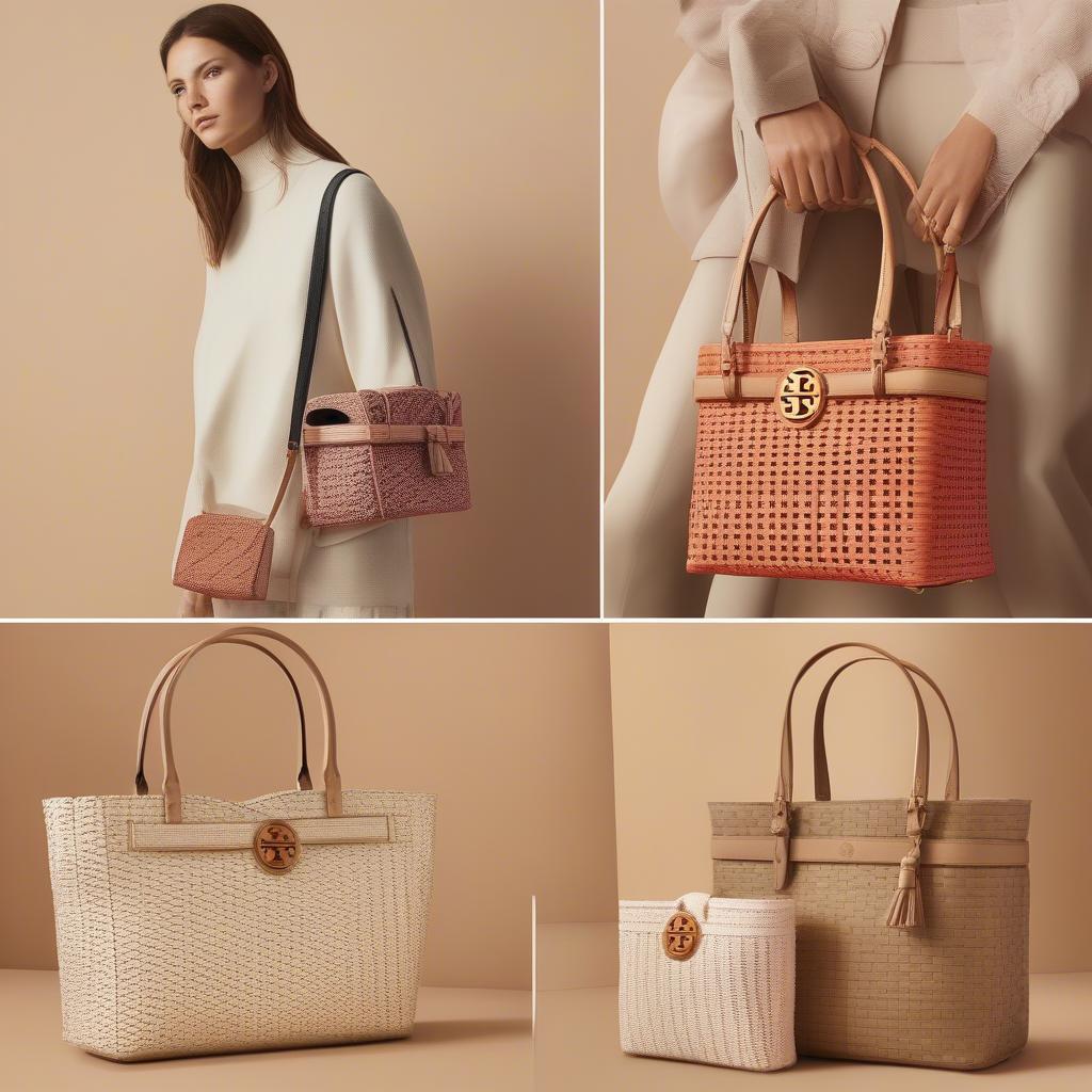 The Tory Burch Miller Basket Weave Bag in various colors and sizes, showcasing the different options available.