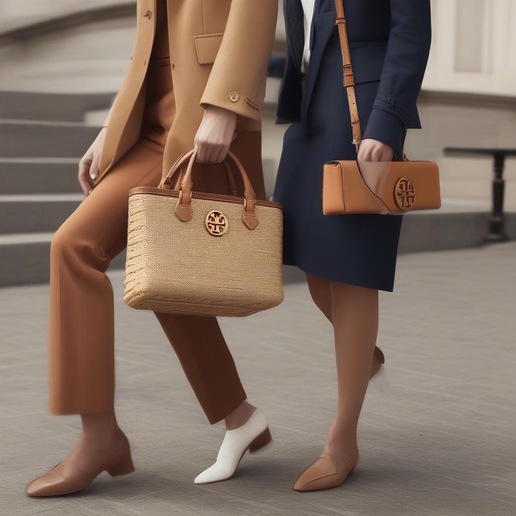 Different styling options for the Tory Burch Miller Basket Weave Bag, showcasing its versatility and how it can be paired with various outfits.