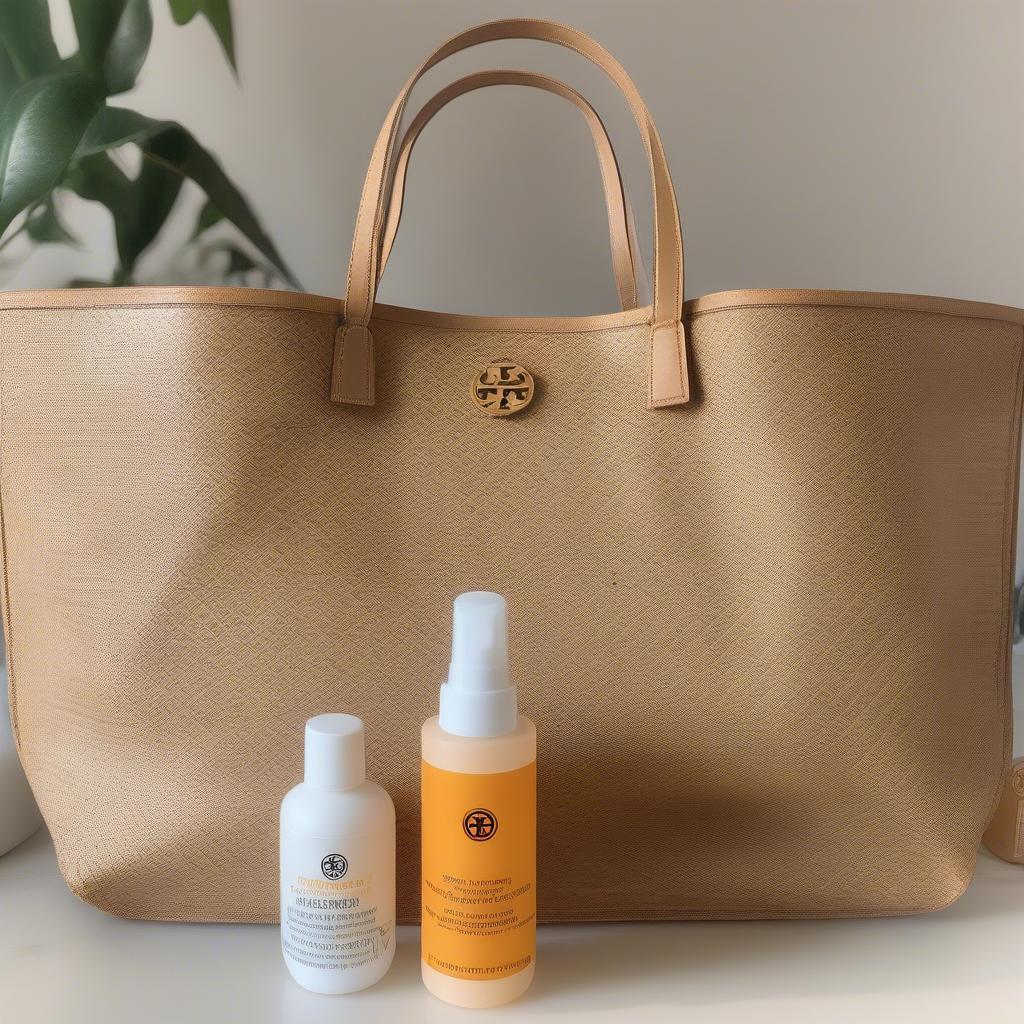 Image demonstrating the proper care and storage of a Tory Burch Robinson Basket Weave Tote, including cleaning and storage tips.