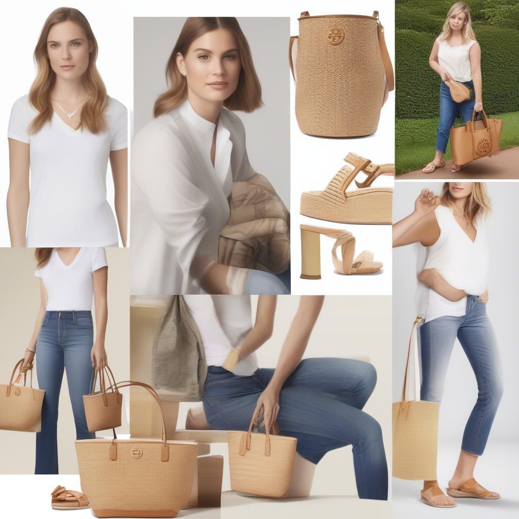 Outfit ideas showcasing the versatility of the Tory Burch Robinson Basket Weave Tote, including casual and dressy styles.