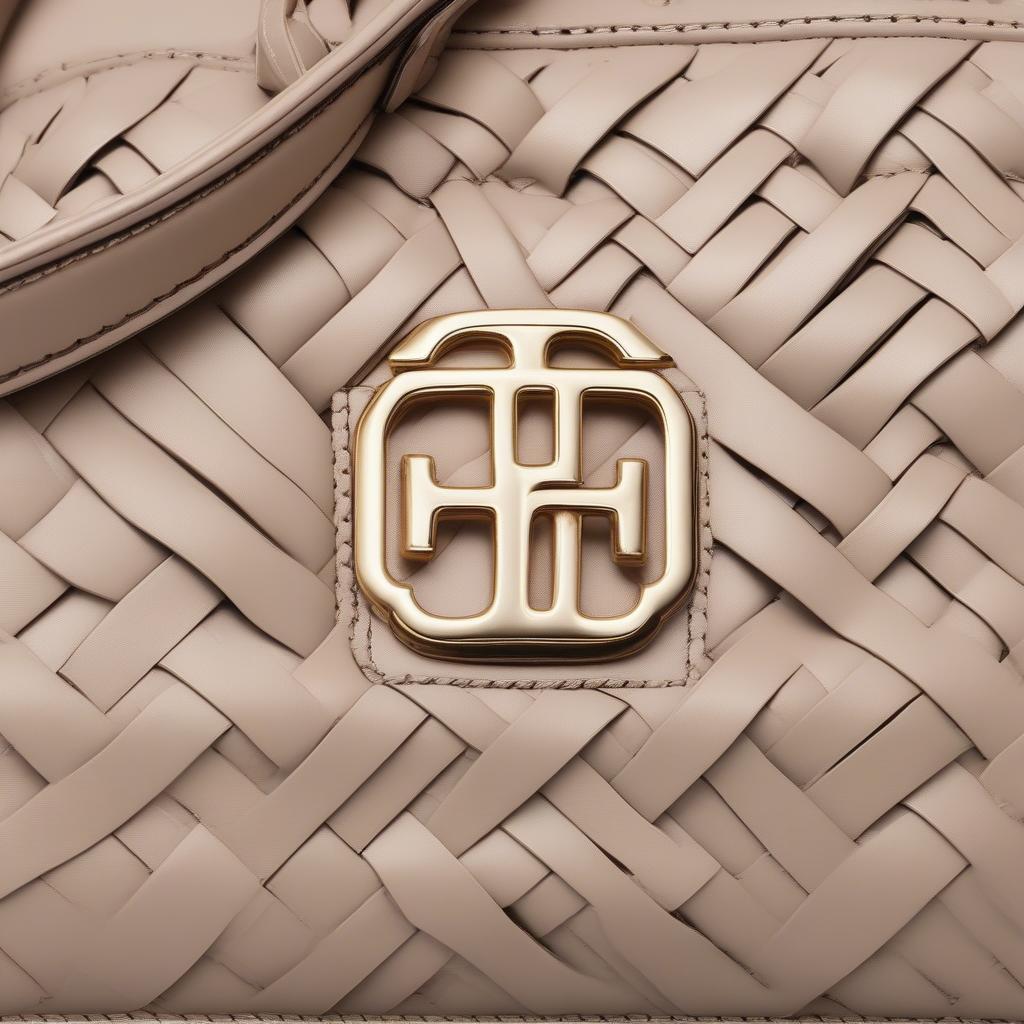 Close-up view of a Tory Burch Robinson woven bag, showcasing the intricate woven details and the signature double-T logo.