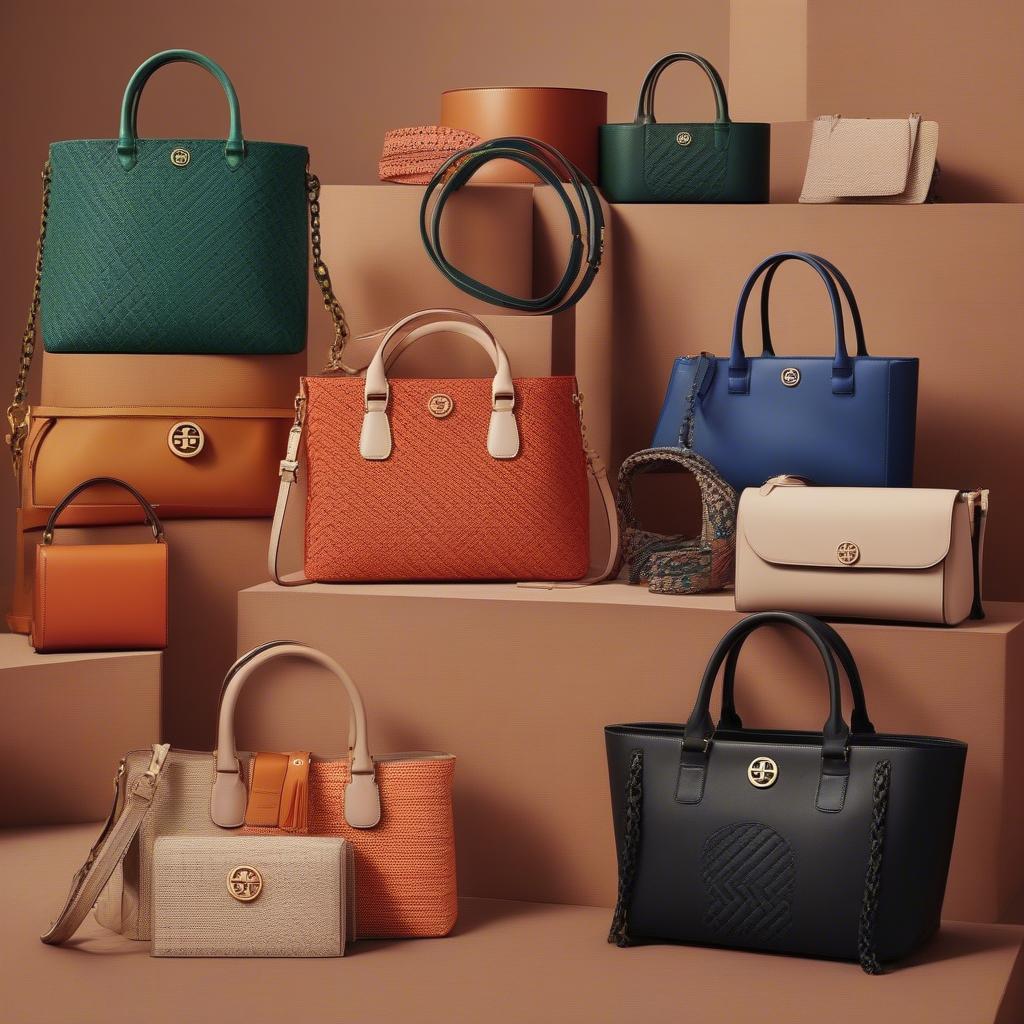 Display of different styles of Tory Burch Robinson woven bags including shoulder bags, crossbodies, and totes.