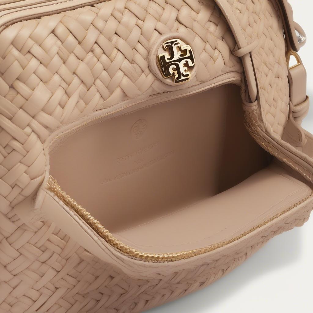 Close-up view of the Tory Burch Taylor Woven Camera Bag showcasing its intricate woven design and leather details.