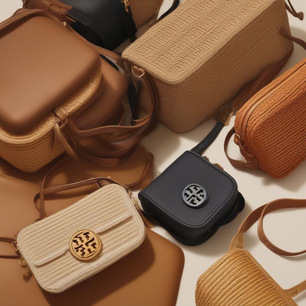 Display of the Tory Burch Taylor Woven Camera Bag in different color variations, highlighting the available options for consumers.