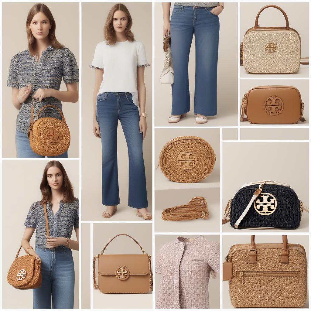 Different outfit ideas showcasing the versatility of the Tory Burch Taylor Woven Camera Bag, paired with both casual and dressy looks.