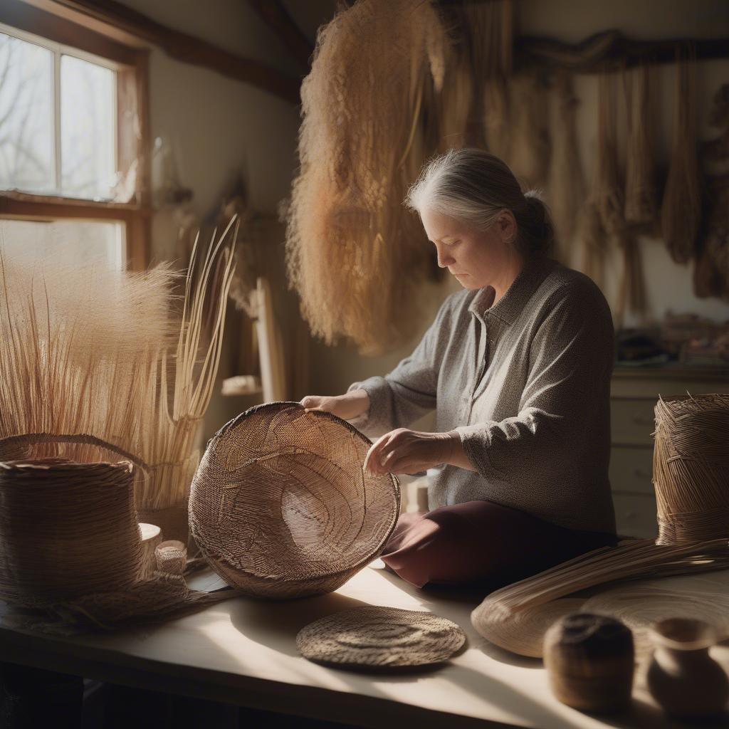 Tracy Welch weaving a basket in her Iowa studio