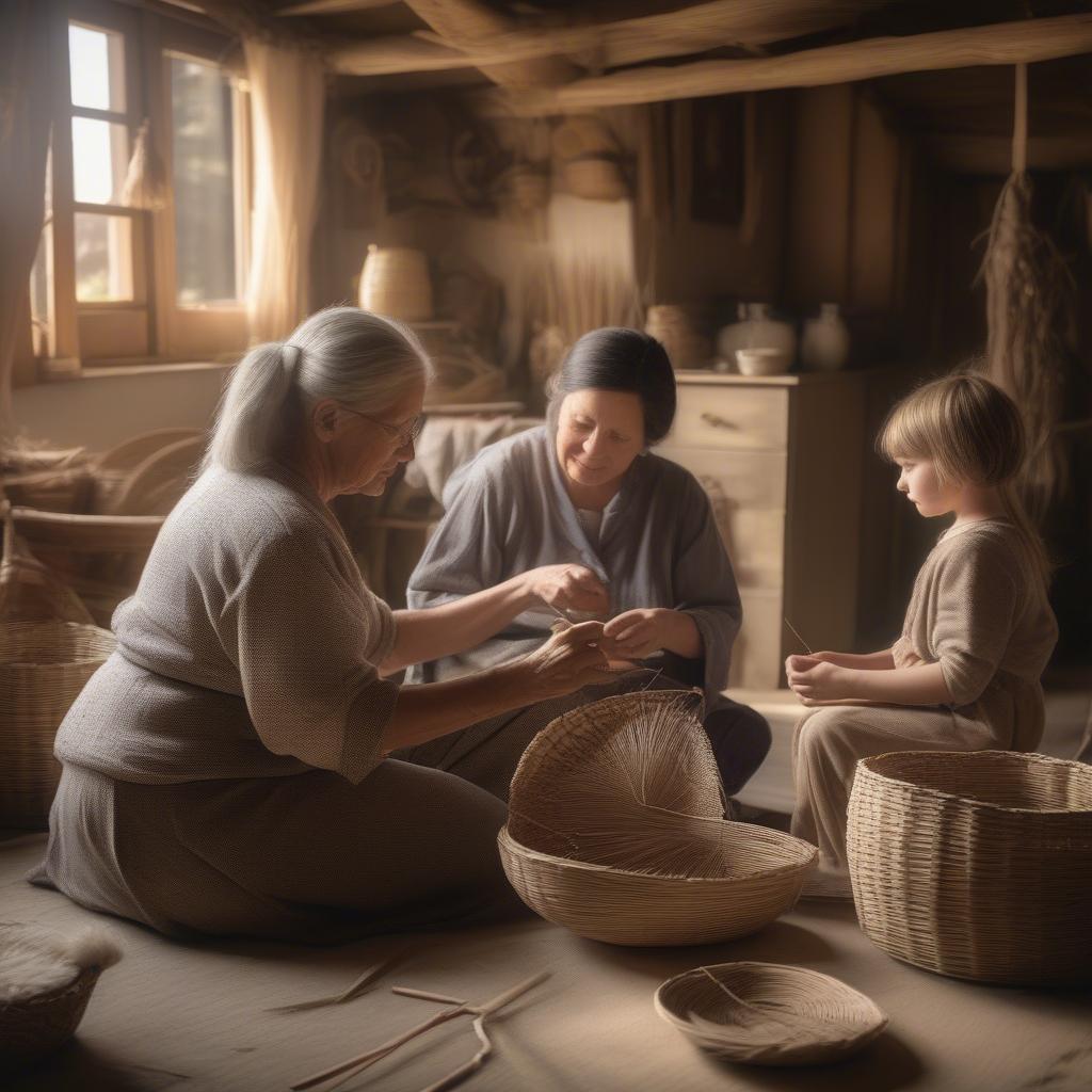 Family weaving baskets together in a traditional cottage industry setting