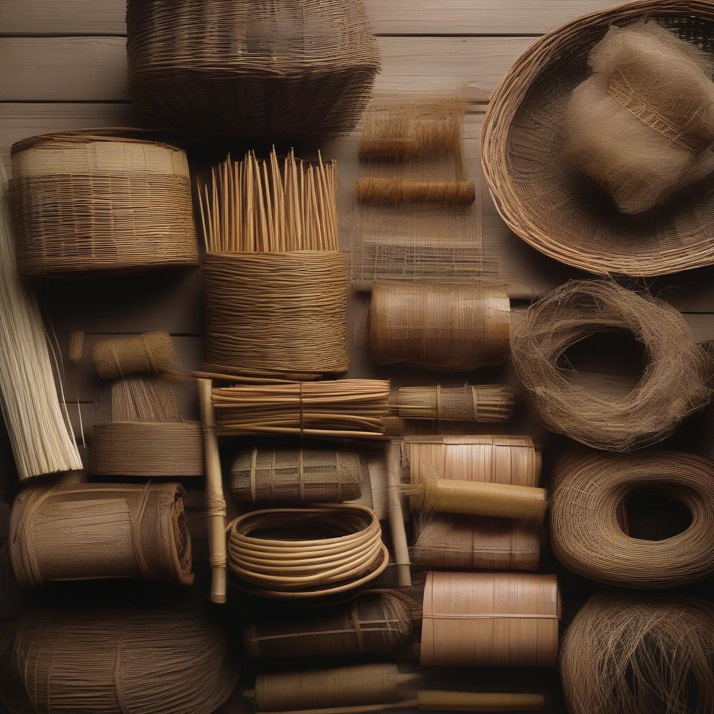 Traditional basket weaving materials like willow, reed, and cane.