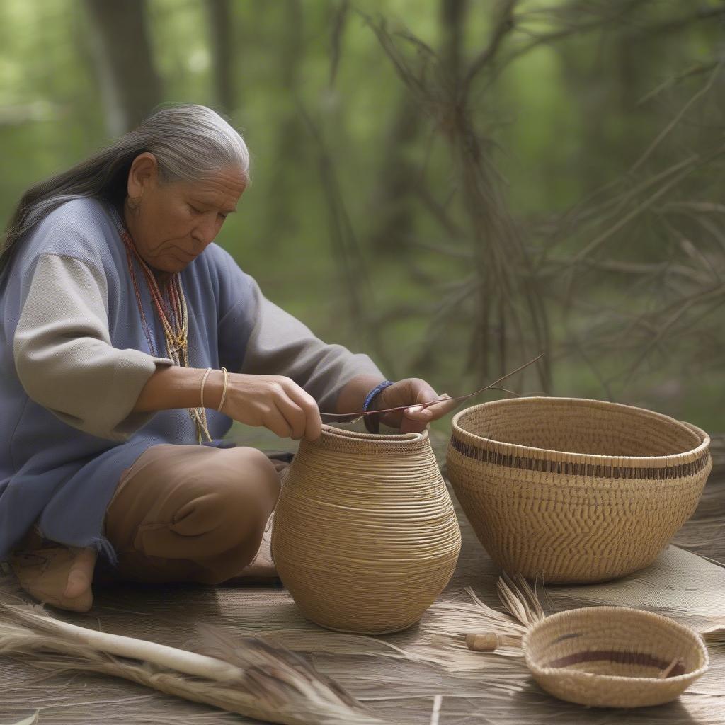 Native American artisan demonstrating traditional basket weaving techniques with natural materials.