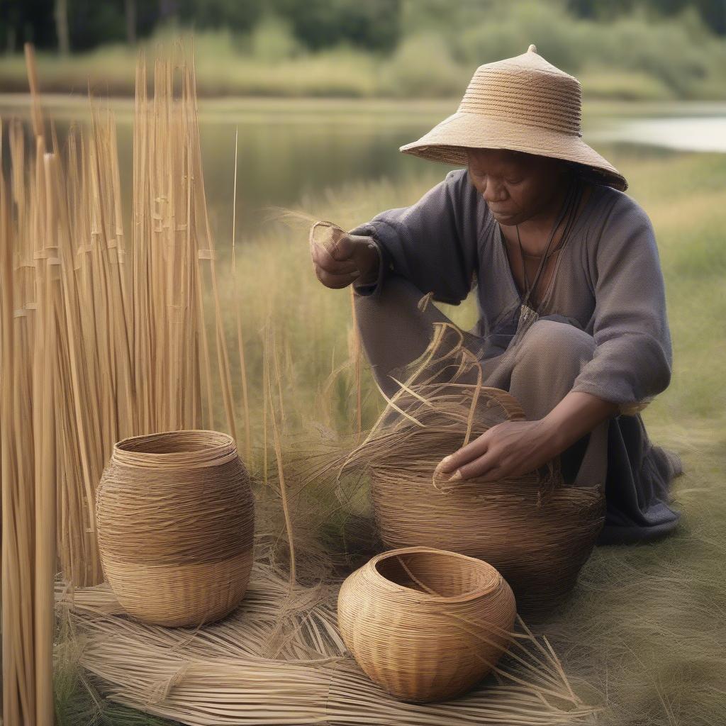 Traditional basket weaving practiced near water sources.