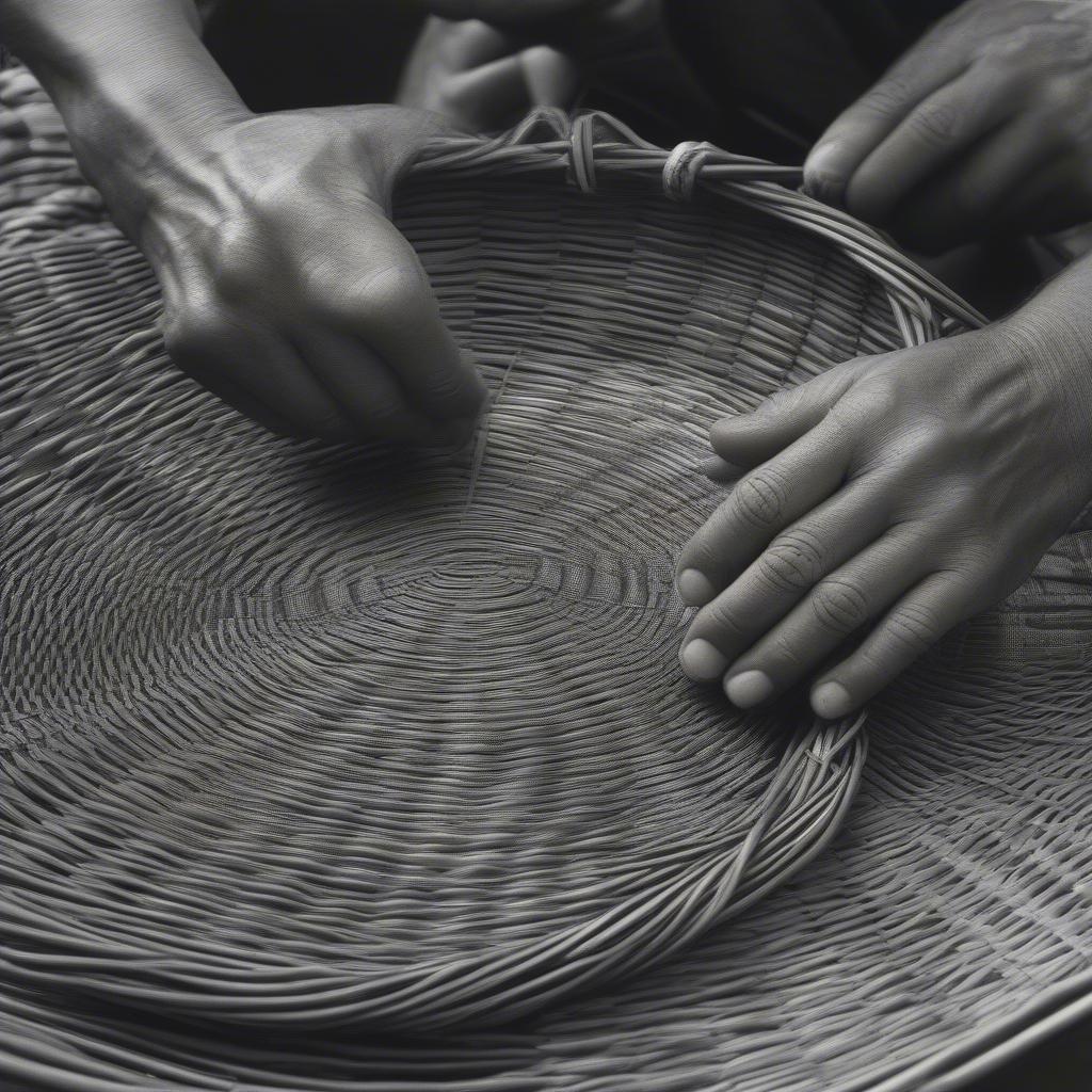 Close-up of hands weaving a basket, showcasing intricate patterns and techniques.