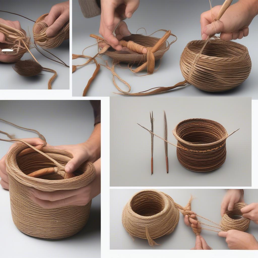 A demonstration of various traditional basket weaving techniques, showcasing coiling, twining, and plaiting.